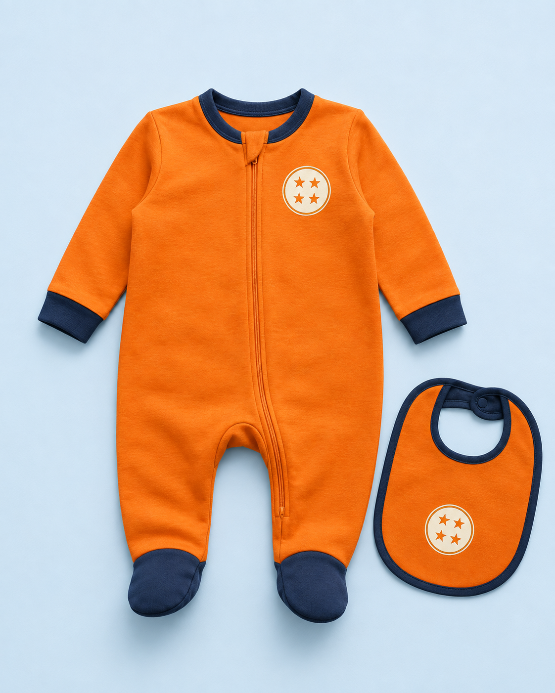 Concept orange and navy baby sleeper with its matching bib